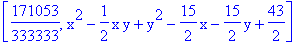 [171053/333333, x^2-1/2*x*y+y^2-15/2*x-15/2*y+43/2]